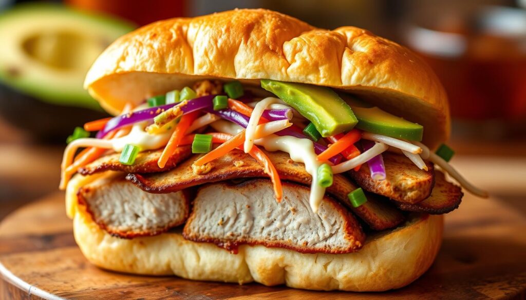 Hearty pork tenderloin sandwich recipe with Cuban and Asian-inspired flavors