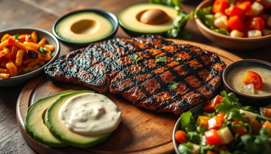 Mexican chipotle steak with complementary side dishes