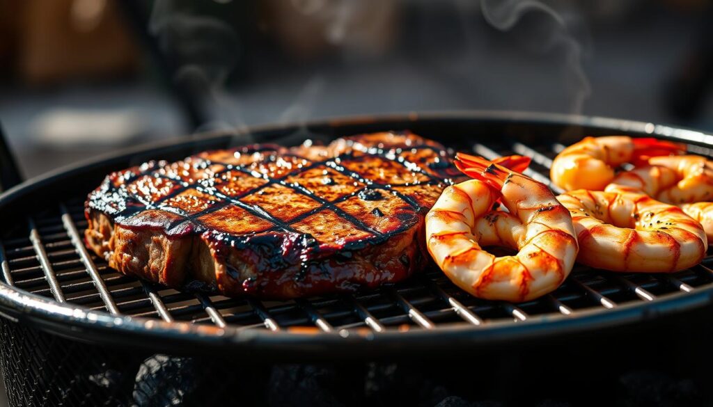 perfectly grilled steak and shrimp on a grill