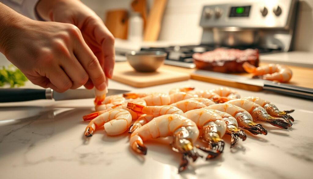 preparing shrimp for easy steak and shrimp dinner